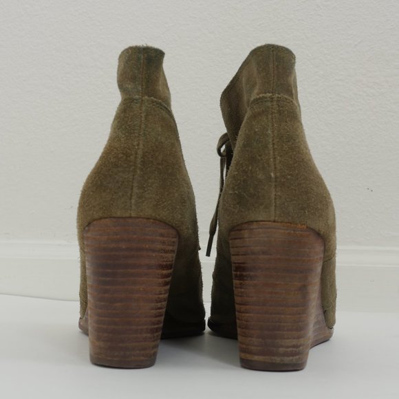 Lucky Brand Olive Green Suede Lace Up 3" Faux Wood Wedge Heel SZ 9 Ankle Boots - Picture 7 of 11